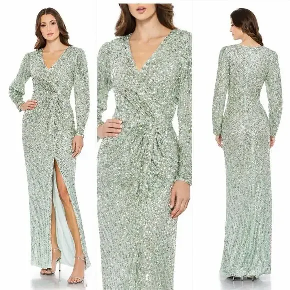 Mac Duggal 5638 Seafoam Green Sequins High Slit Bishop Sleeve Gown Size 12 $598 - Picture 1 of 6